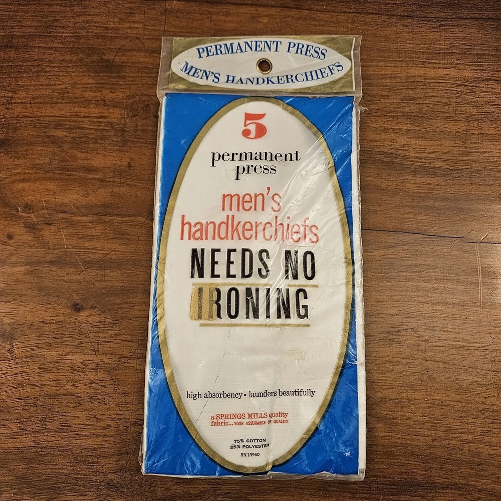 3 NOS Vintage Men's Permanent‎ Press White Packaging Handkerchiefs Spring Mills